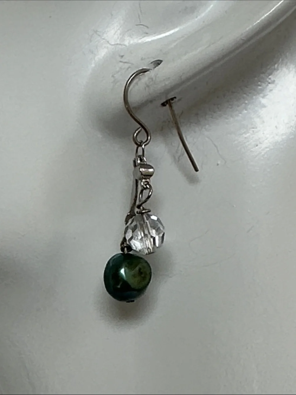 Green Pearl and Crystal Drop Earrings - Classic Dangle Style